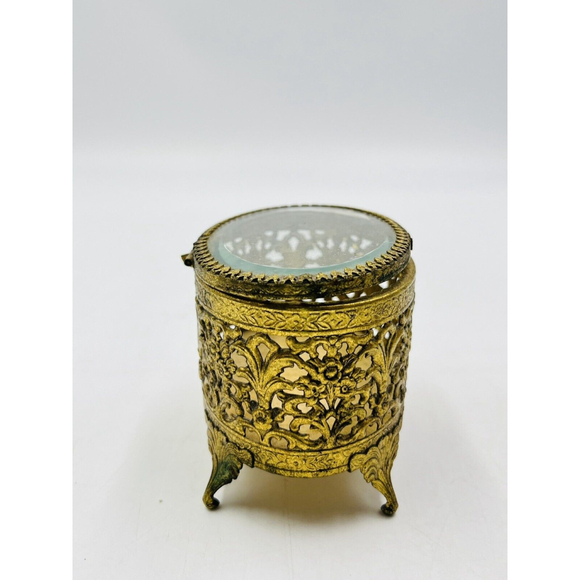 VTG Gold Filigree ORMOLU Footed Casket Jewelry Trinket Box with Beveled Glass - Picture 4 of 6